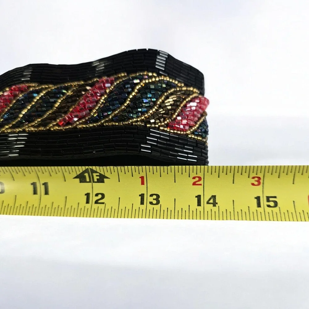 VTG Beaded Black Silk Belt Embellished with Gold‎ Pink Blue Red Geometric Design